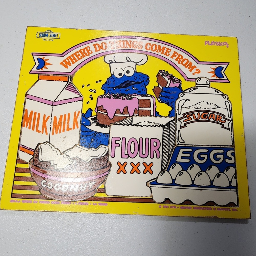 Vintage 1974 Playskool Sesame Street Where Do Things Come From Wood Puzzle 285-3